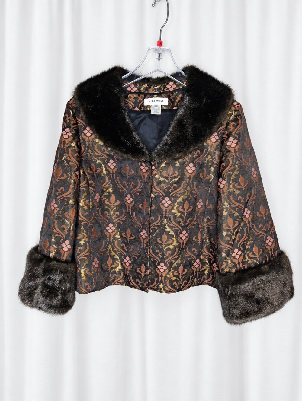 Nine West Y2K Black Gold Metallic Brocade Removable Faux Fur Collar Cuffs Jacket